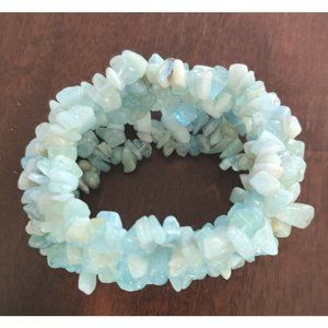 Wide Elastic Woven Bracelet Made From Variety of Blue Crystal Chips 2-3" Stretch